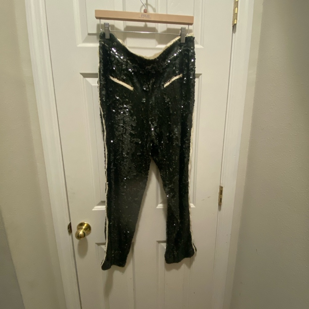 Zara Dark Green Sequin Pants With Crean Stripe down legs - Picture 2 of 4